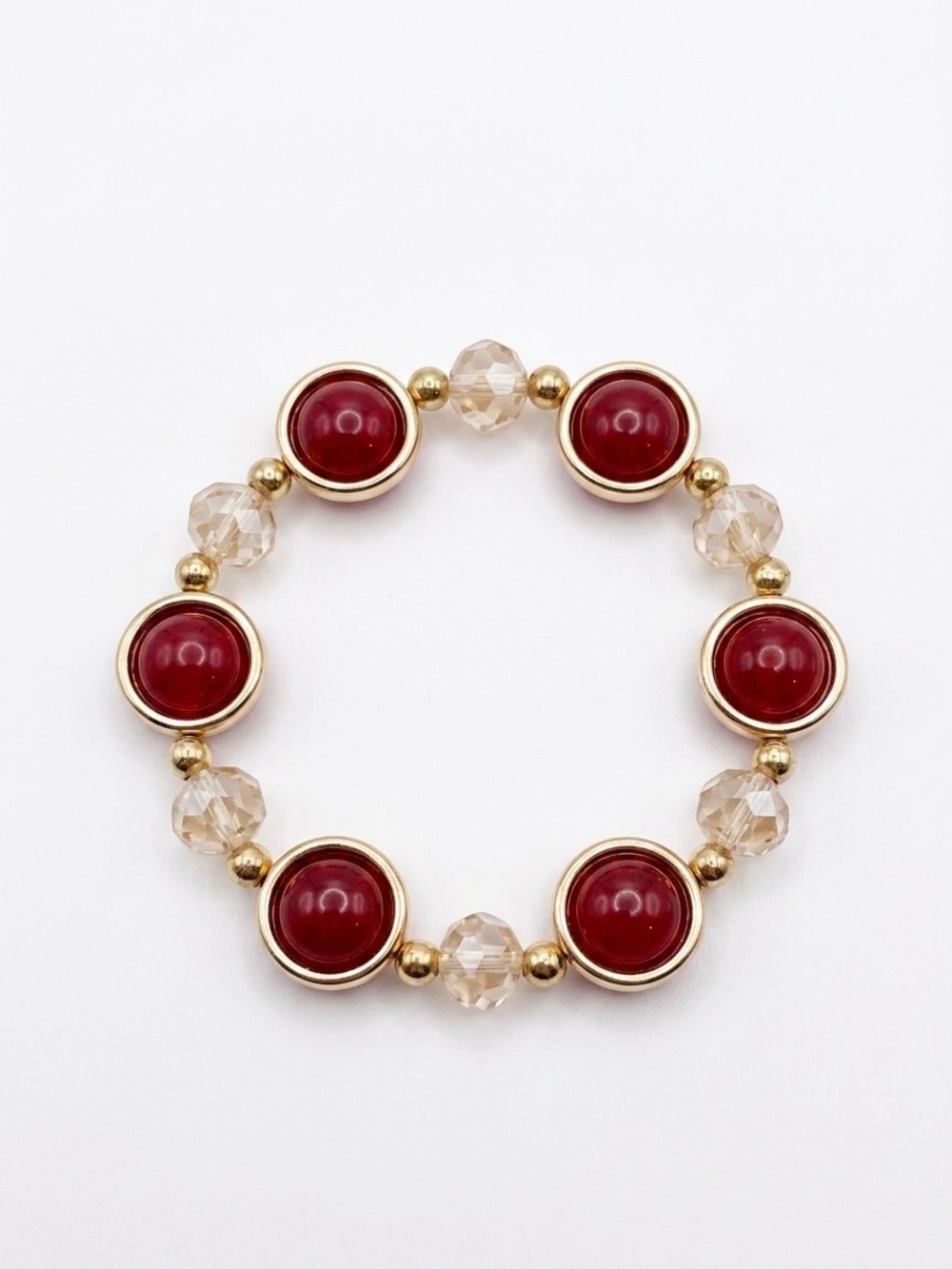 Handmade Deep Red Beaded Stretch Bracelet Gold Accents